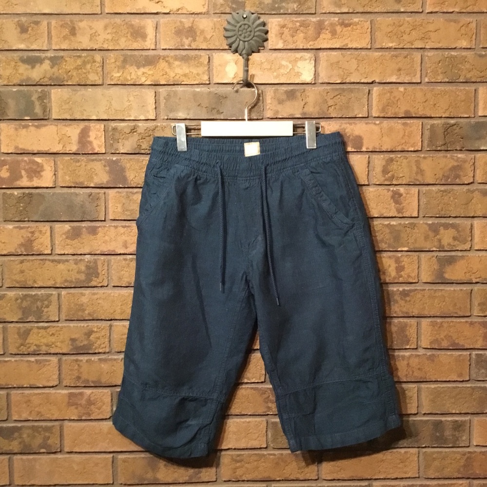 Point Zero Long Shorts Linen Blend Flat Front SZ 32 Navy Blue EUC